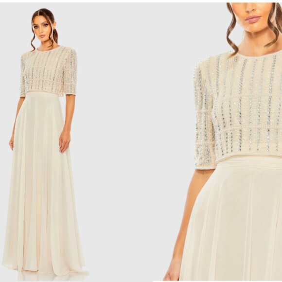 MAC DUGGAL 9180 CHIFFON W/FULLY BODICE BEADED SHORT SLEEVE A-LINE NUDE GOWN sz 6 - Picture 1 of 5